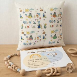 Babykissen mit Taschen + Kalender Mein erstes Jahr mit Aufklebern