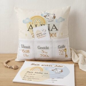 Kissen personalisiert zur Geburt. Personalisiertes Geschenkset zur Geburt Willkommensset für Babys